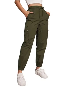 Women's high waist cargo pants in army green with drawstring and large side pockets