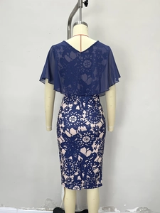 Robe moulante à imprimé floral avec col en V et châle en mousseline bleu foncé