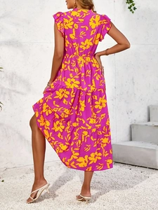 Robe longue élégante à fleurs sans manches avec jupe à volants pour les vacances