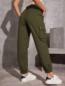 Women's high waist army green cargo pants with drawstring hem and side pocket