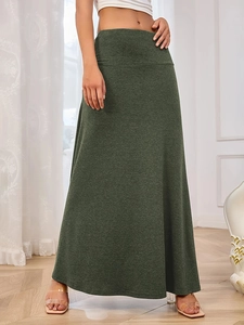 Fashionable dark green high-waisted knitted maxi skirt with a soft slim fit design