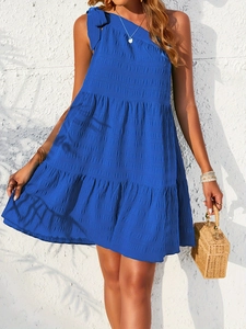 Blue one-shoulder tiered mini dress with bow strap and jacquard textured fabric