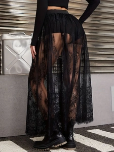 Women Gothic Lace See-Through Mesh Maxi Skirt Sexy A-Line Floral Embroidery Long Skirt Streetwear Summer Beach Party Bottoms