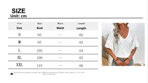 Detailed size chart for women's V-neck eyelet embroidered short sleeve knit blouse