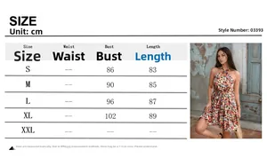 Size chart showing bust and length measurements for the floral halter neck dress