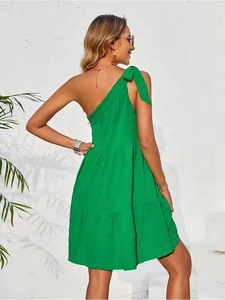 Elegant green one-shoulder tiered mini dress with adjustable shoulder bow tie detail