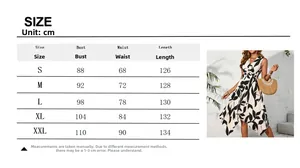 Tableau des tailles pour robe midi sans manches à imprimé feuilles avec mesures