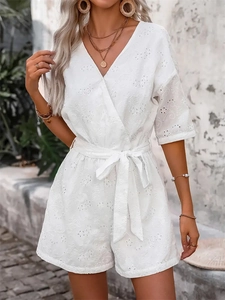 Pagliaccetto Donna con Scollo a V e Ricamo Traforato Elegante Jumpsuit a Portafoglio Manica Corta con Laccio in Vita