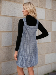 Women's chic blue tweed houndstooth pinafore dress set with black turtleneck sweater