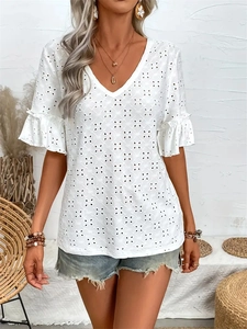 Women's V-Neck Eyelet Embroidery T-Shirt Ruffle Short Sleeve Hollow Out Bohemian Casual Summer Top White