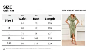 Detailed size chart for the emerald green satin wrap dress with short sleeves