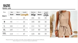 Detailed size chart for women sleeveless top and shorts set with dimensions in centimeters