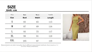 Tabla de tallas para vestido ajustado sin mangas con medidas de busto y largo total