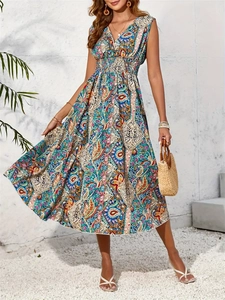 Abito Maxi da Donna Senza Maniche con Scollo a V Stampa Paisley Bohemien Vita Alta a Punto Smock Elegante Abito Lungo Casual