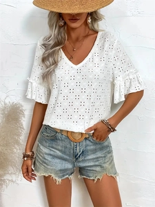 White V-neck short sleeve top with delicate eyelet embroidery and ruffle cuffs
