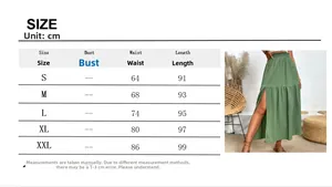 Detailed size chart in centimeters for the high waist green ruffled slit maxi skirt