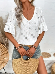 Bohemian white V-neck embroidered hollow lace top with ruffled short sleeves and floral eyelets