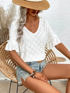 White V-neck Broderie Anglaise top with flutter sleeves and hollow lace floral patterns