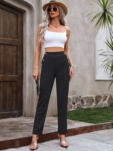 Pantalon femme taille haute slim stretch avec boutons décoratifs style décontracté