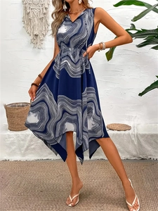 Robe Midi Femme Sans Manches Bleu Marine Imprimé Irrégulier Boho Col V Été Vacances Taille Ajustée Robe trapèze