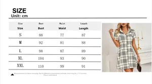 Detailed size chart for houndstooth short sleeve shirt dress with bust and waist measurements