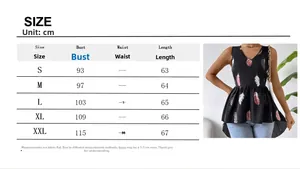 Size chart detail for sleeveless V-neck top with colorful feather print pattern