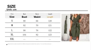 Detailed size chart for wrap dress with bust, waist and length measurements in cm