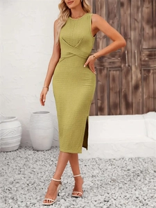 Vestido Midi sin Mangas para Mujer Con Nudo Retorcido y Lazo en la Espalda Punto Acanalado Abertura Lateral Ajustado