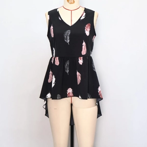 Detail of high-low hem and feather print on black sleeveless chiffon tank top for women