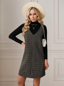 Women's Elegant Tweed V-Neck Sleeveless Houndstooth Pinafore Midi Dress Vintage Sleeveless Vest Dress For Spring Autumn
