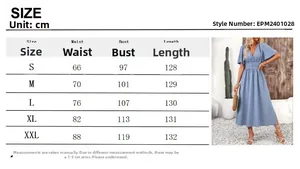 Size chart detail for light blue V-neck dress with ruffle sleeves and elastic waist