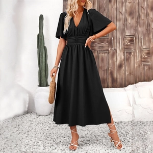 Close-up of smocked waist and flutter sleeves on a black V-neck summer midi dress