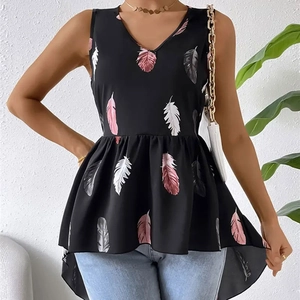 Detail of V-neck sleeveless top featuring pink feather print and pleated asymmetric hemline