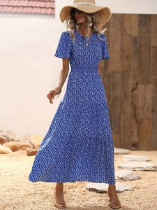 Abito Lungo a Fiori da Donna Manica Corta a Foglia di Loto a Balze Punto Smock Vita Alta Vacanza Elegante Estivo Pullover