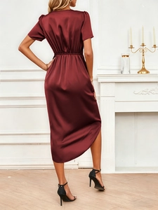 Elegant back view of wine red satin wrap dress with short sleeves and high waist design
