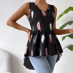 Detail of V-neck sleeveless top with pink feather print and asymmetric ruffle hem