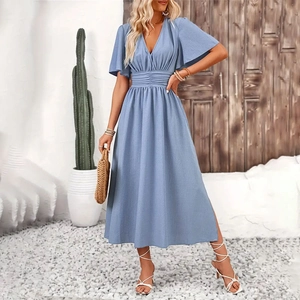 Detail of light blue V-neck maxi dress featuring ruffled sleeves and ruched waist design