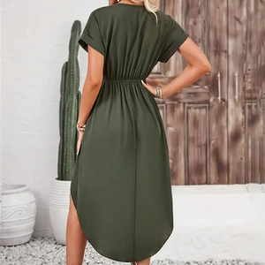 Rear view of an olive green short sleeve dress featuring a high-low hem and elastic waist
