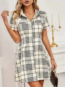 Women Short Sleeve Houndstooth Shirt Dress Lapel Single Breasted Waist Slim Mini Dress Office Lady Summer Fashion Casual