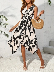 Robe Longue Femme Décontractée Sans Manches Col en V Imprimé Feuille Nœud Maxi Robe Ourlet Irrégulier Été Vacances Plage Fête