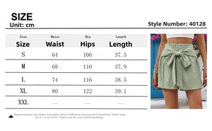 Detailed size guide table for high waisted tie-front wide-leg shorts in light green