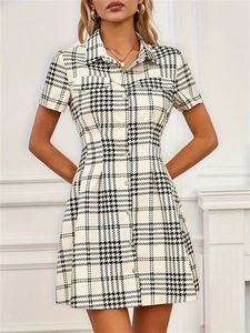 Short sleeve A-line houndstooth shirt dress with waist tie and button-down collar