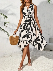 Robe midi sans manches imprimé feuilles avec col en V et ourlet asymétrique d'été