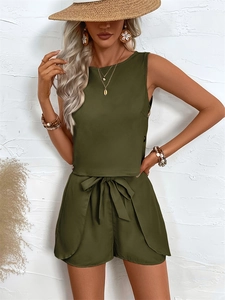 Summer olive green two-piece set featuring a sleeveless top and high waist drawstring shorts
