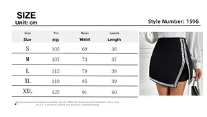 Detailed size chart for high waist sequin split skort showing S to XXL measurements