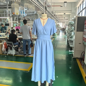 Detailed view of light blue maxi dress with ruffle sleeves and elastic pleated waist