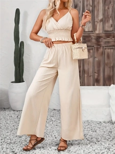 Women Summer Bohemian Camisole And High Waist Wide Leg Side Slit Pants Outfit V-Neck Smocked Jacquard Vacation Outfit