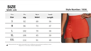 Detailed size chart for high waist bodycon skirt shorts with button and slit details