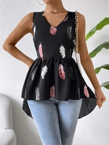 Women Sleeveless V-Neck Feather Print Peplum Top Irregular Hi-Low Hem Polyester Tank Top Casual Elegant Summer Commute Blouse