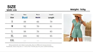 Size guide for sleeveless green romper featuring v-neck design and striped texture details